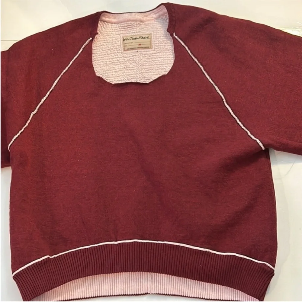 We The Free XSmall Sweatshirt Midnight Pullover in burgundy red with pink piping - Picture 6 of 10
